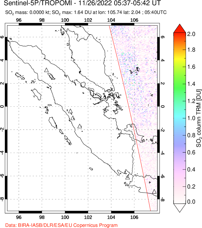 A sulfur dioxide image over Sumatra, Indonesia on Nov 26, 2022.