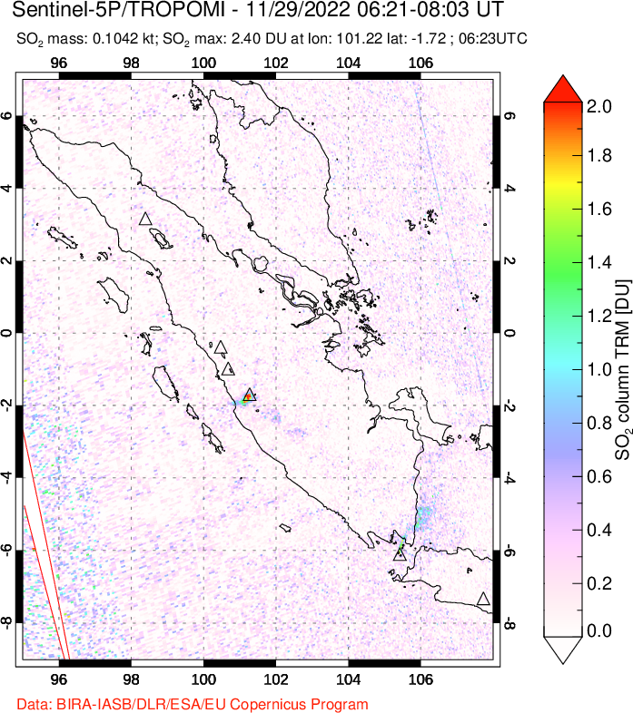 A sulfur dioxide image over Sumatra, Indonesia on Nov 29, 2022.