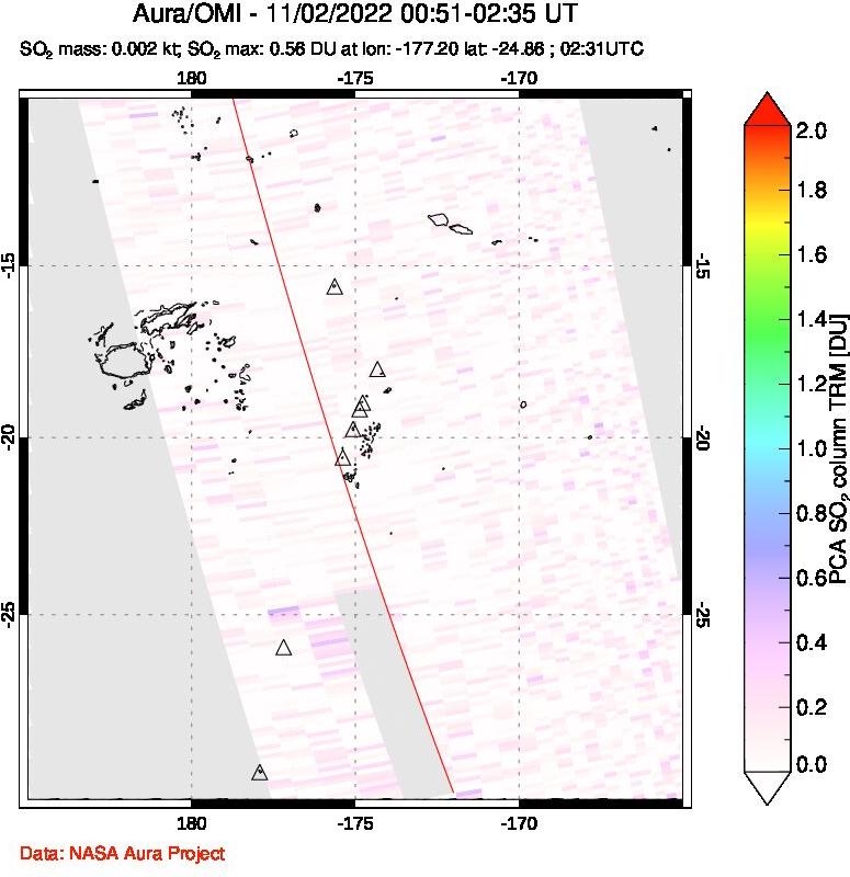 A sulfur dioxide image over Tonga, South Pacific on Nov 02, 2022.