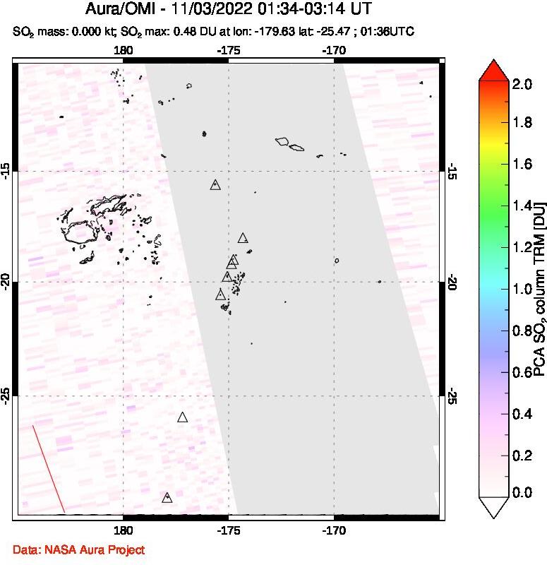 A sulfur dioxide image over Tonga, South Pacific on Nov 03, 2022.