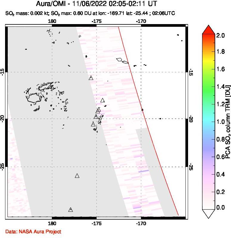 A sulfur dioxide image over Tonga, South Pacific on Nov 06, 2022.
