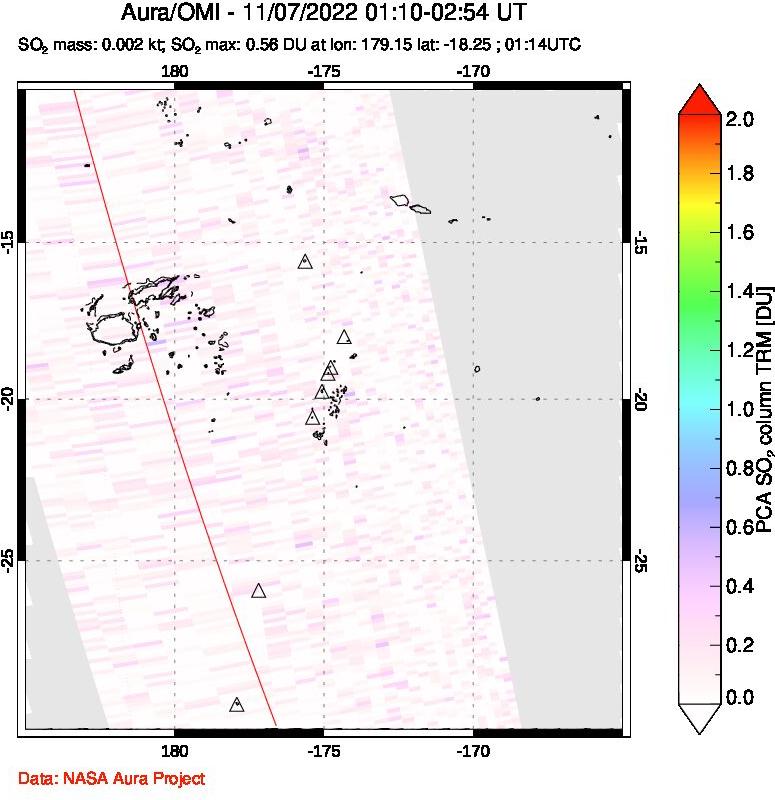 A sulfur dioxide image over Tonga, South Pacific on Nov 07, 2022.