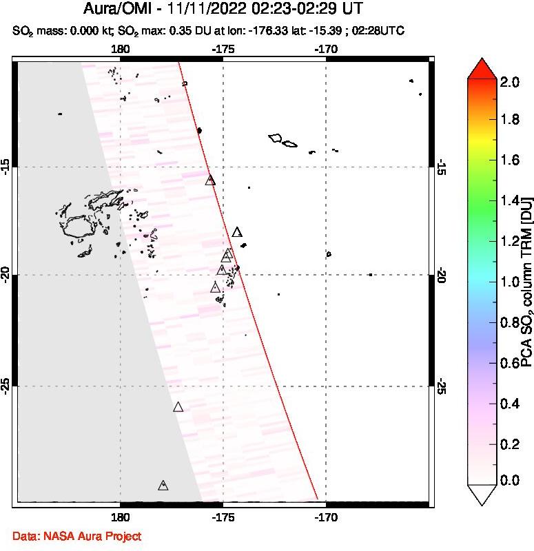 A sulfur dioxide image over Tonga, South Pacific on Nov 11, 2022.