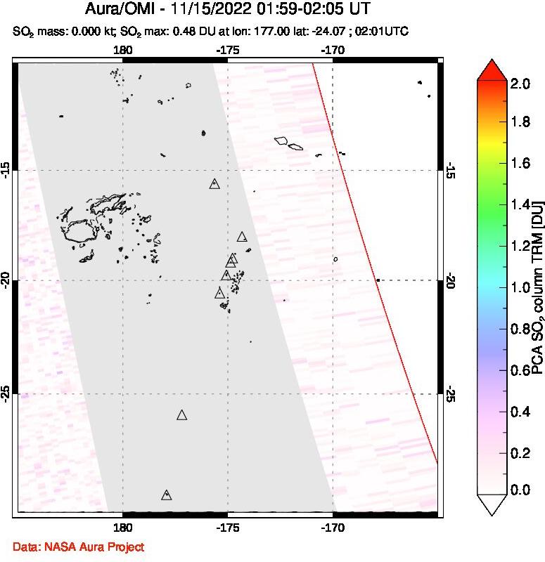 A sulfur dioxide image over Tonga, South Pacific on Nov 15, 2022.