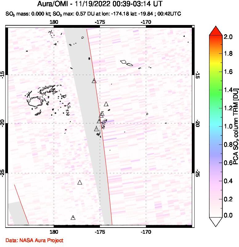 A sulfur dioxide image over Tonga, South Pacific on Nov 19, 2022.