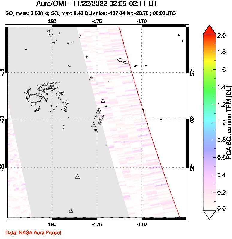 A sulfur dioxide image over Tonga, South Pacific on Nov 22, 2022.
