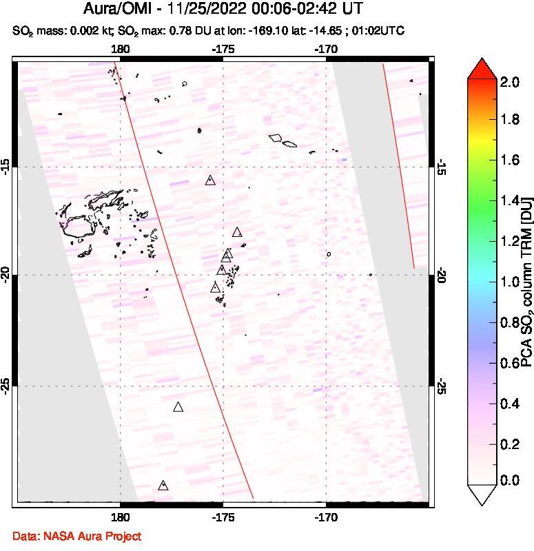 A sulfur dioxide image over Tonga, South Pacific on Nov 25, 2022.