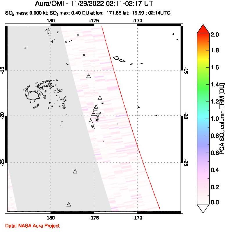 A sulfur dioxide image over Tonga, South Pacific on Nov 29, 2022.