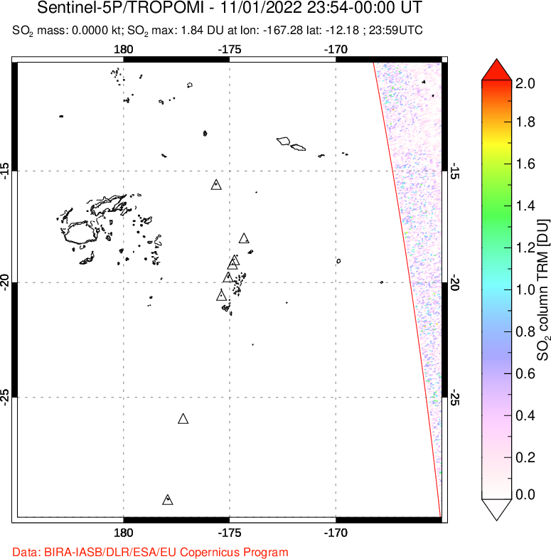 A sulfur dioxide image over Tonga, South Pacific on Nov 01, 2022.