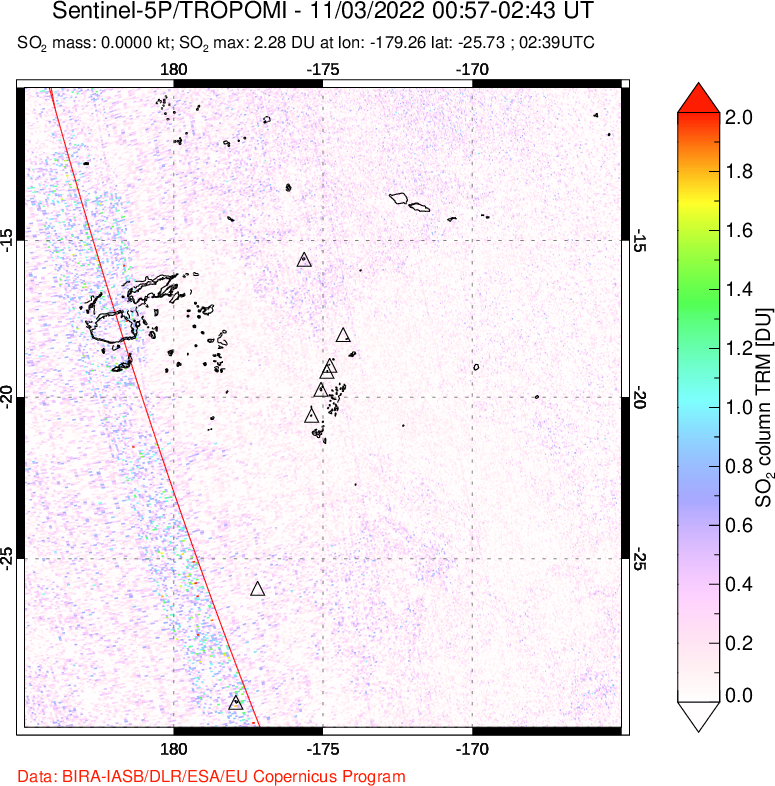 A sulfur dioxide image over Tonga, South Pacific on Nov 03, 2022.