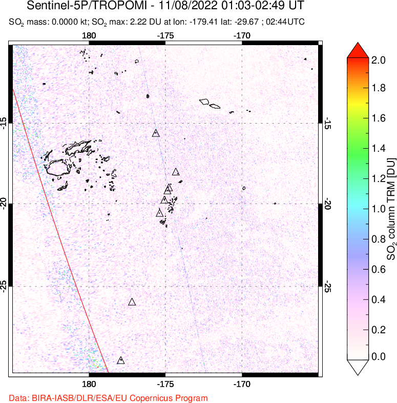 A sulfur dioxide image over Tonga, South Pacific on Nov 08, 2022.