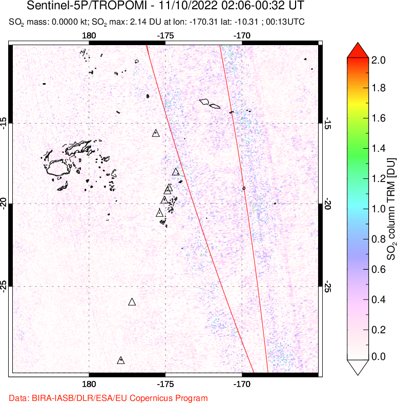 A sulfur dioxide image over Tonga, South Pacific on Nov 10, 2022.