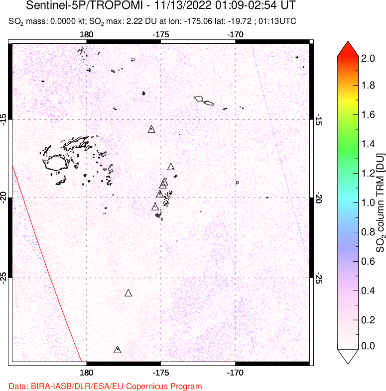 A sulfur dioxide image over Tonga, South Pacific on Nov 13, 2022.