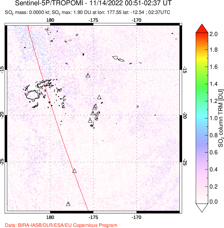 A sulfur dioxide image over Tonga, South Pacific on Nov 14, 2022.