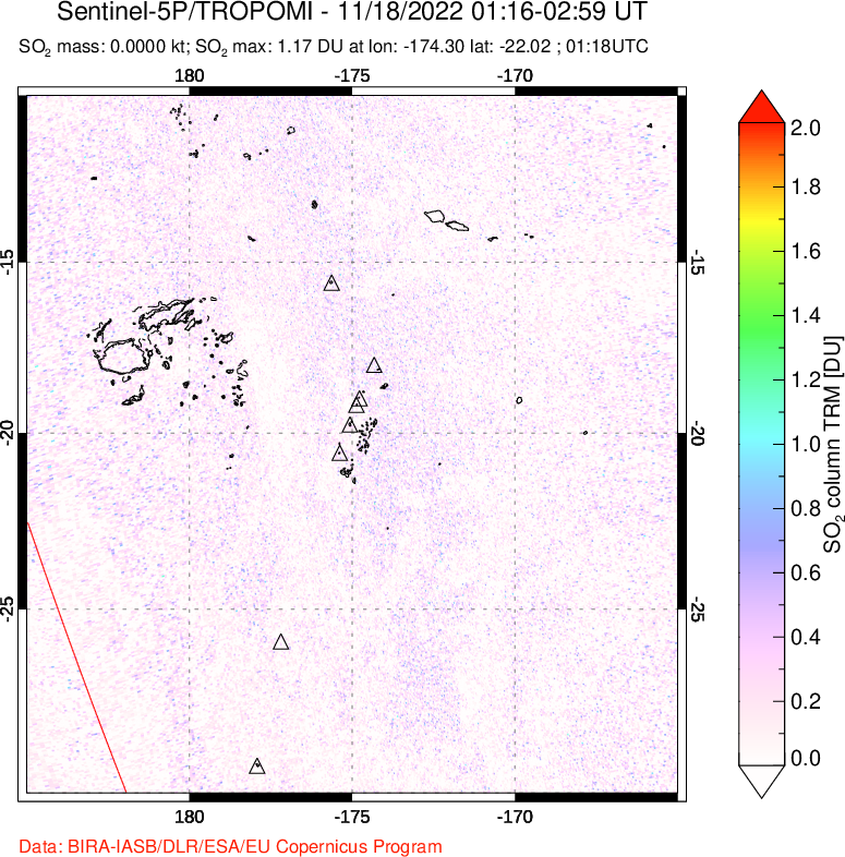 A sulfur dioxide image over Tonga, South Pacific on Nov 18, 2022.