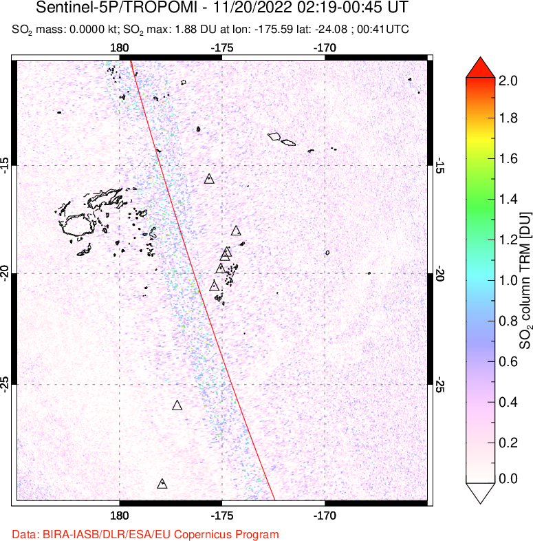 A sulfur dioxide image over Tonga, South Pacific on Nov 20, 2022.