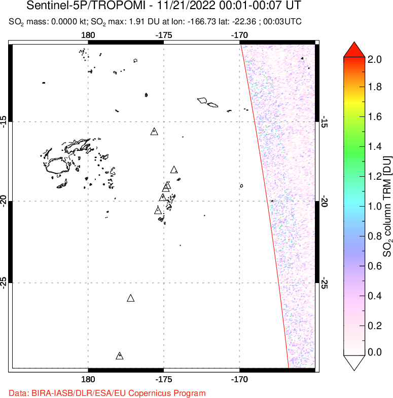 A sulfur dioxide image over Tonga, South Pacific on Nov 21, 2022.