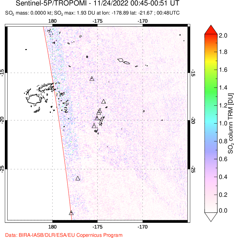 A sulfur dioxide image over Tonga, South Pacific on Nov 24, 2022.