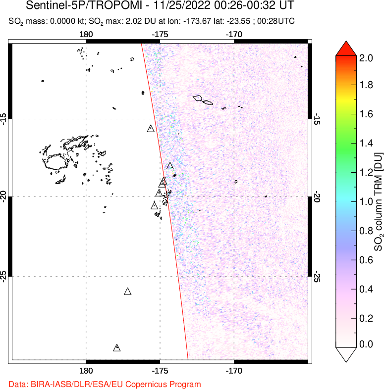 A sulfur dioxide image over Tonga, South Pacific on Nov 25, 2022.