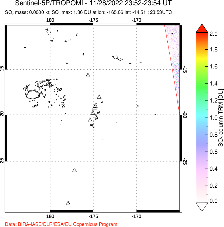 A sulfur dioxide image over Tonga, South Pacific on Nov 28, 2022.