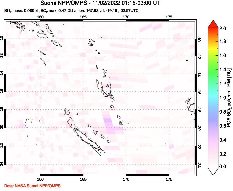 A sulfur dioxide image over Vanuatu, South Pacific on Nov 02, 2022.