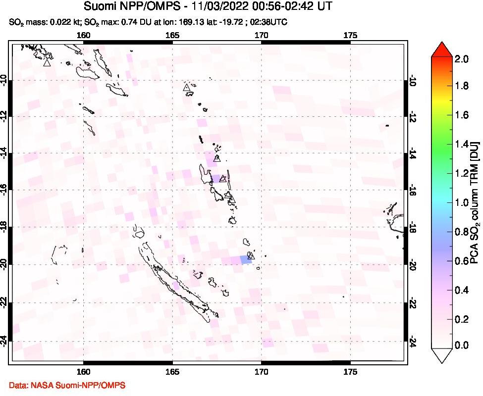 A sulfur dioxide image over Vanuatu, South Pacific on Nov 03, 2022.