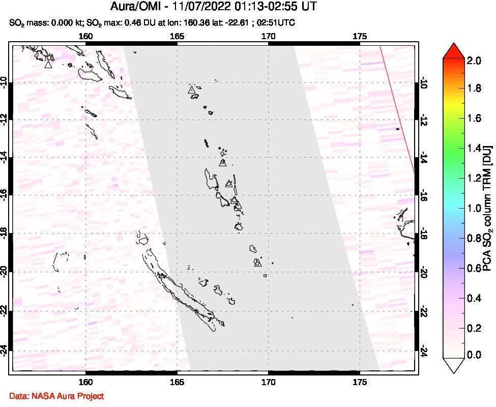 A sulfur dioxide image over Vanuatu, South Pacific on Nov 07, 2022.