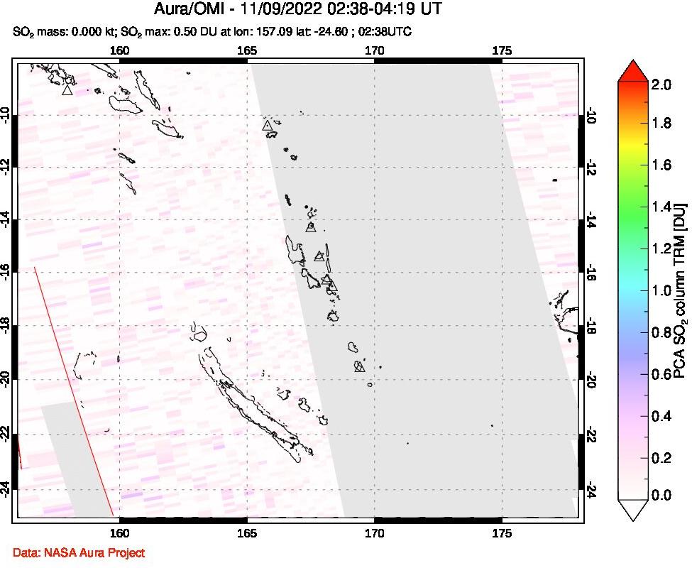 A sulfur dioxide image over Vanuatu, South Pacific on Nov 09, 2022.