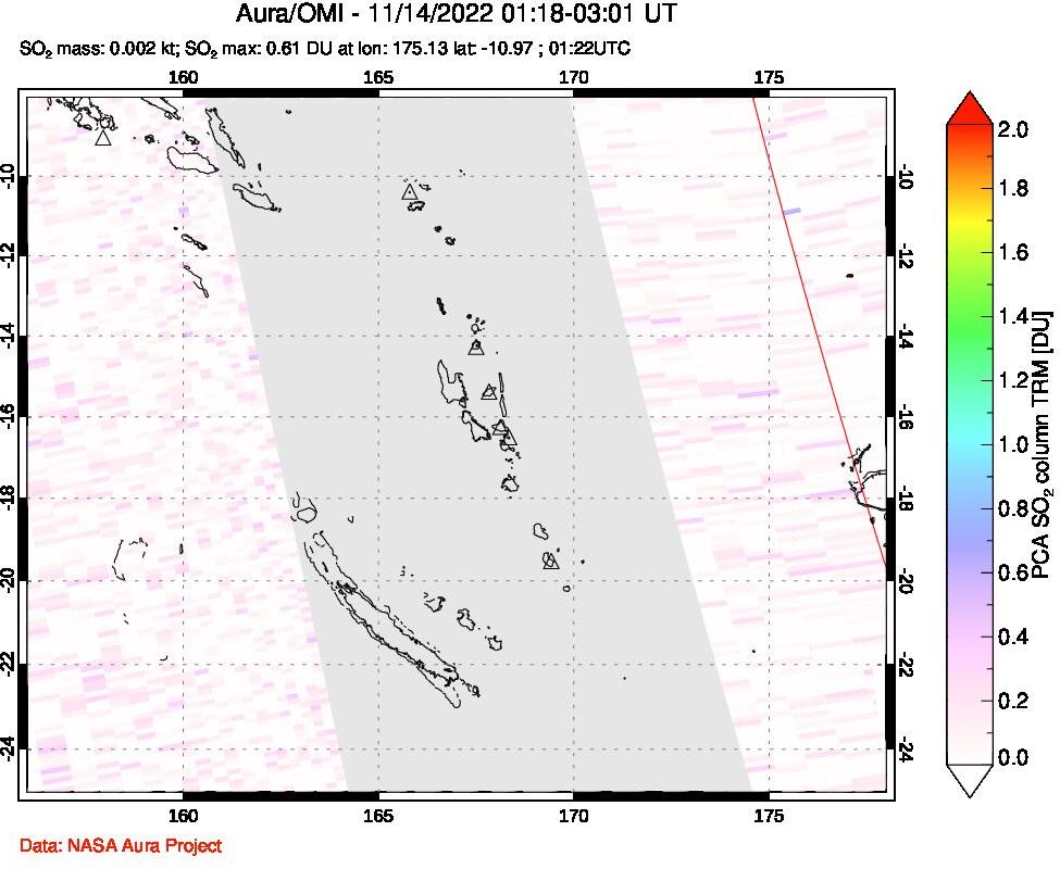A sulfur dioxide image over Vanuatu, South Pacific on Nov 14, 2022.