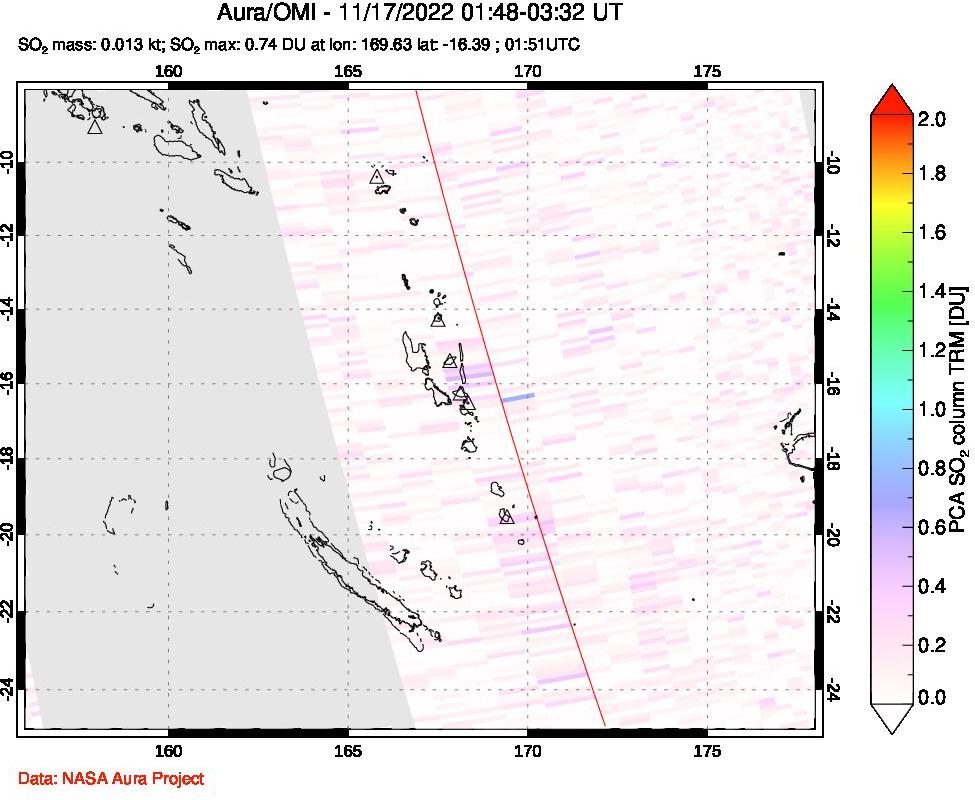 A sulfur dioxide image over Vanuatu, South Pacific on Nov 17, 2022.