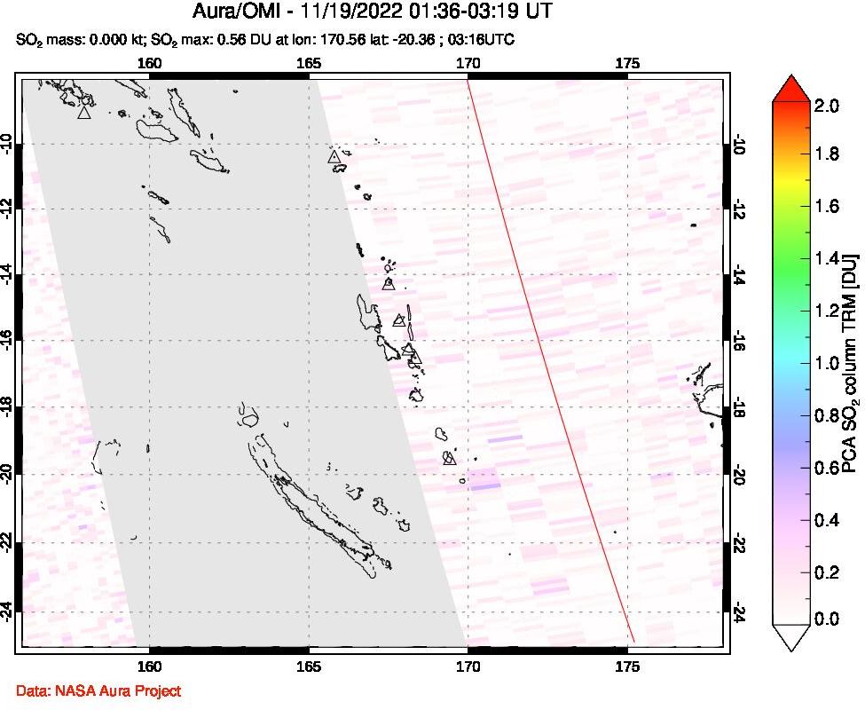 A sulfur dioxide image over Vanuatu, South Pacific on Nov 19, 2022.