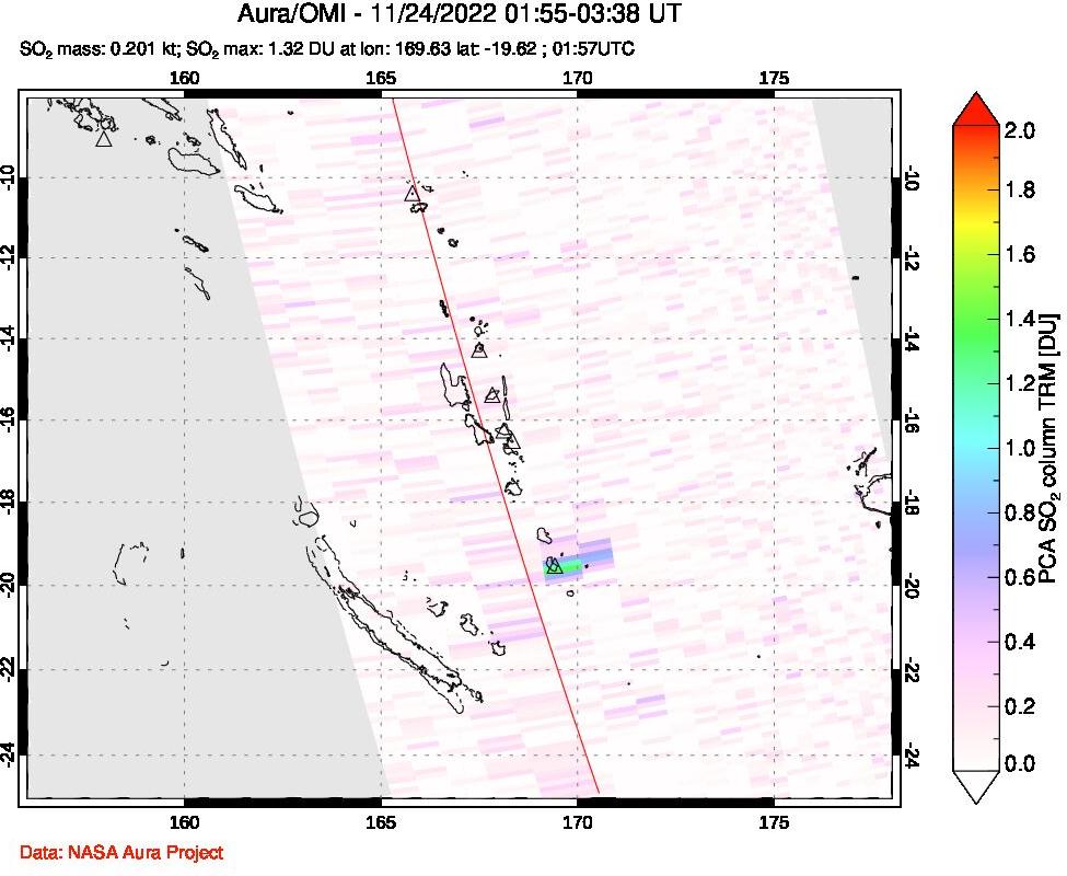 A sulfur dioxide image over Vanuatu, South Pacific on Nov 24, 2022.