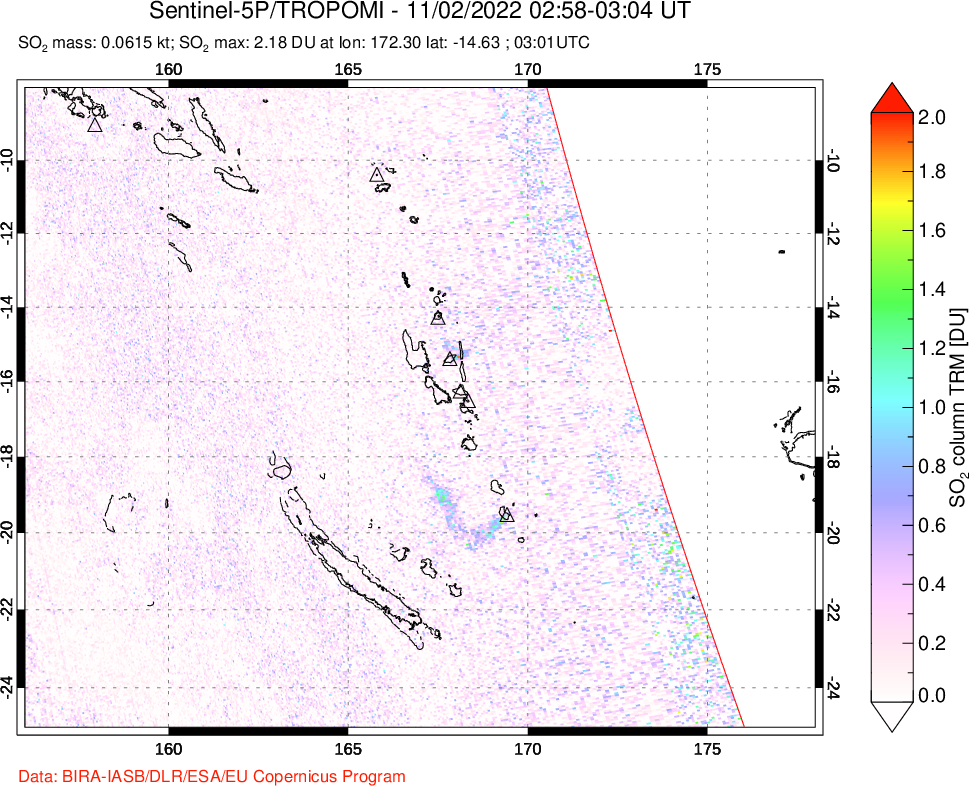 A sulfur dioxide image over Vanuatu, South Pacific on Nov 02, 2022.