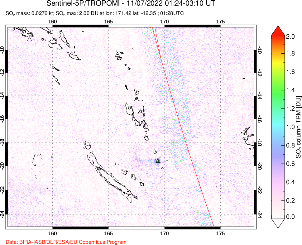 A sulfur dioxide image over Vanuatu, South Pacific on Nov 07, 2022.