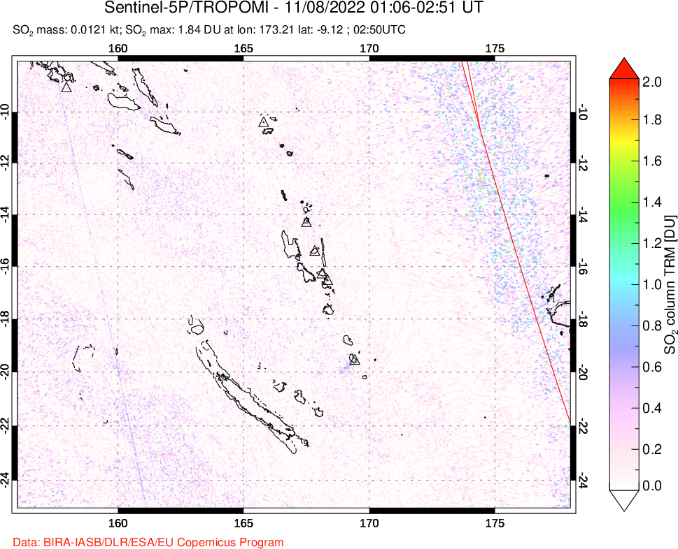 A sulfur dioxide image over Vanuatu, South Pacific on Nov 08, 2022.