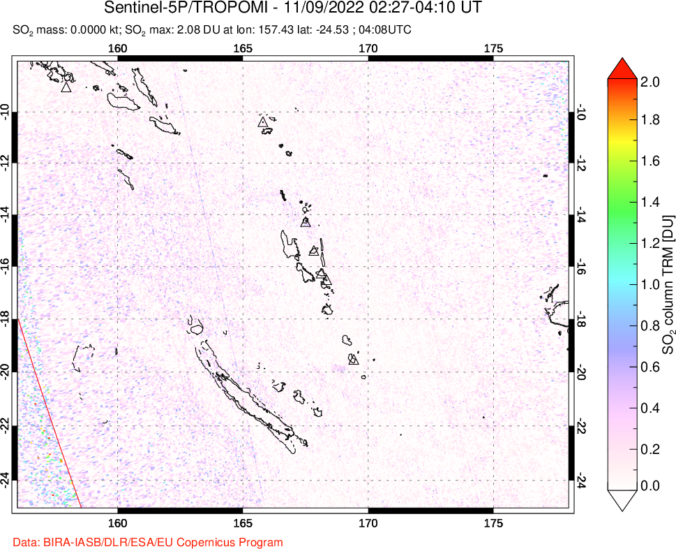 A sulfur dioxide image over Vanuatu, South Pacific on Nov 09, 2022.