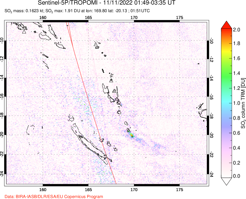 A sulfur dioxide image over Vanuatu, South Pacific on Nov 11, 2022.