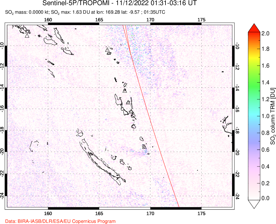 A sulfur dioxide image over Vanuatu, South Pacific on Nov 12, 2022.