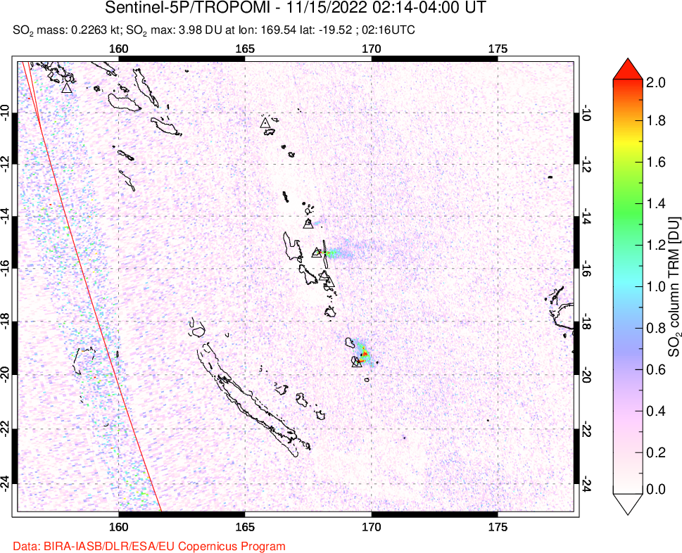 A sulfur dioxide image over Vanuatu, South Pacific on Nov 15, 2022.