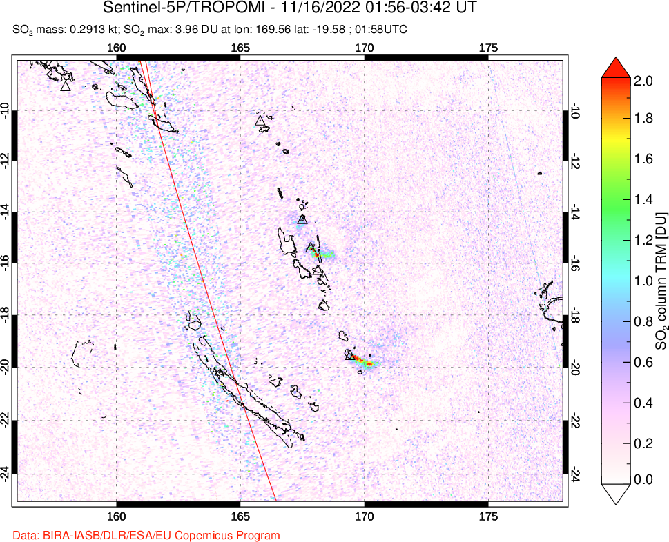 A sulfur dioxide image over Vanuatu, South Pacific on Nov 16, 2022.
