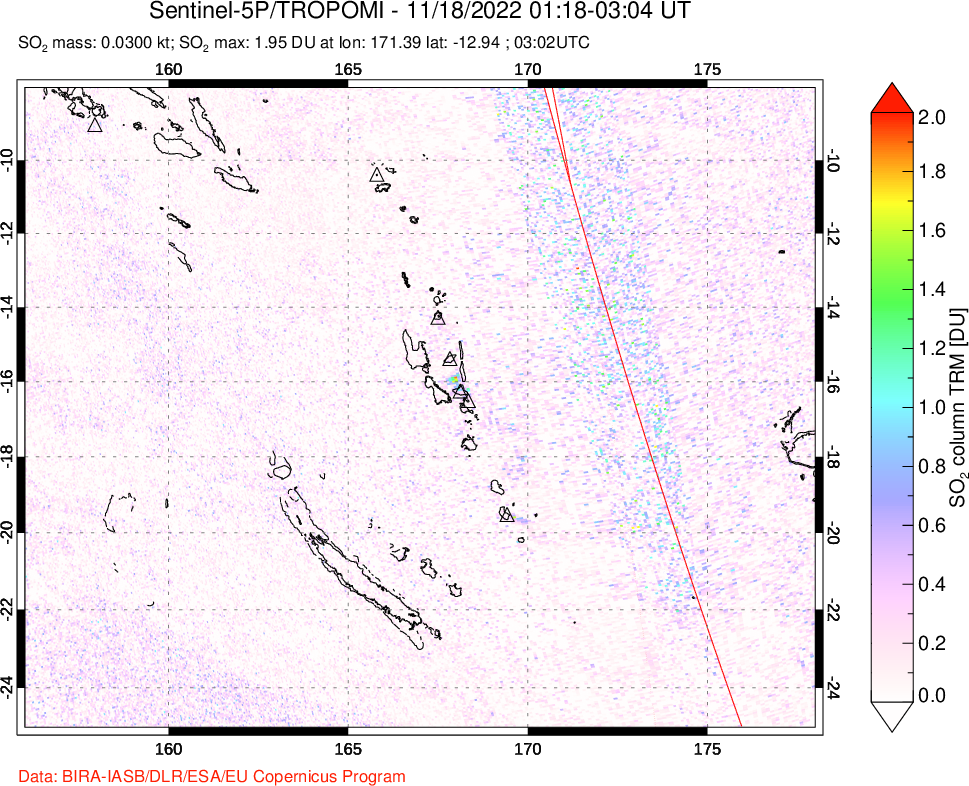 A sulfur dioxide image over Vanuatu, South Pacific on Nov 18, 2022.