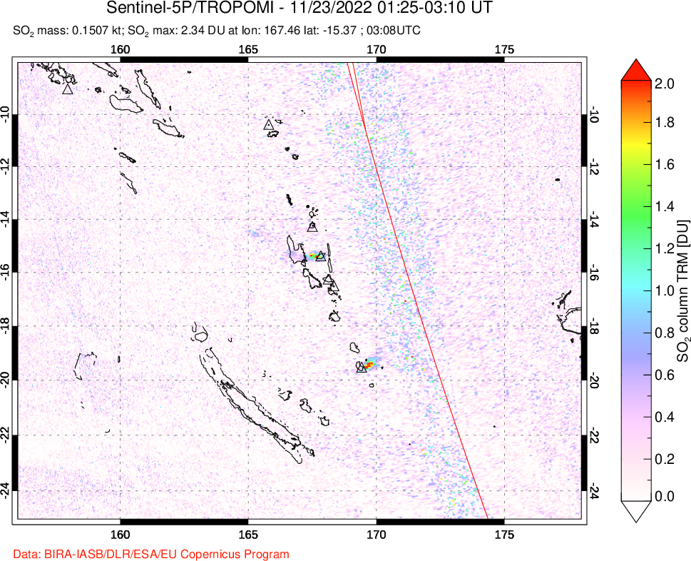 A sulfur dioxide image over Vanuatu, South Pacific on Nov 23, 2022.