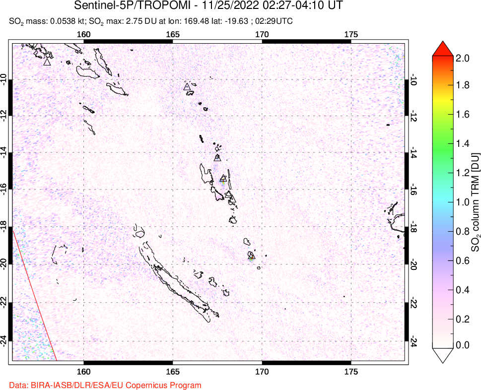 A sulfur dioxide image over Vanuatu, South Pacific on Nov 25, 2022.