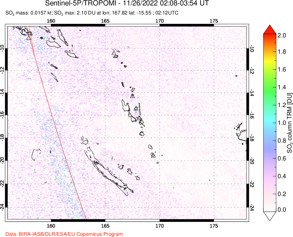 A sulfur dioxide image over Vanuatu, South Pacific on Nov 26, 2022.