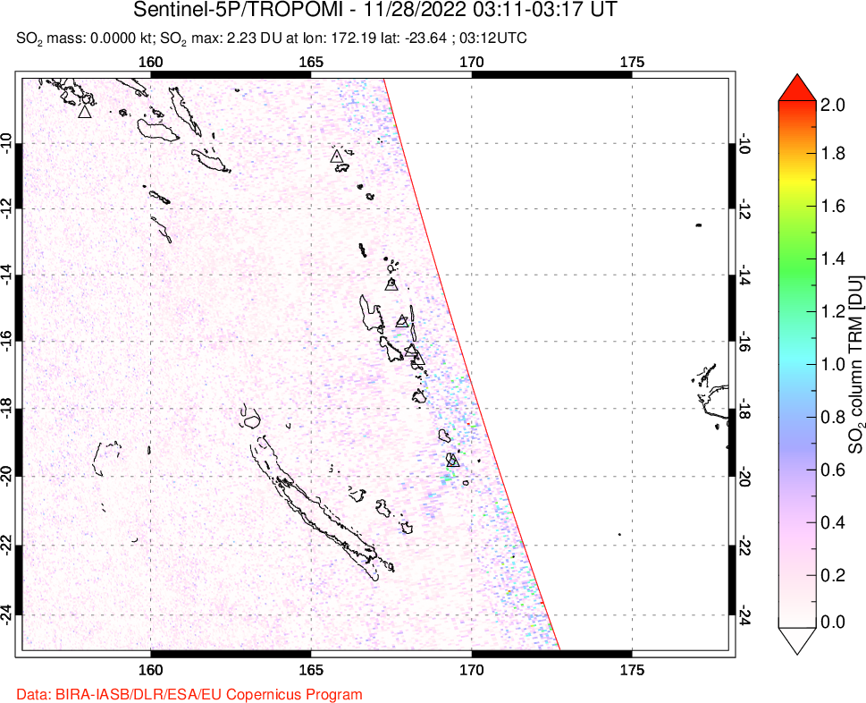 A sulfur dioxide image over Vanuatu, South Pacific on Nov 28, 2022.