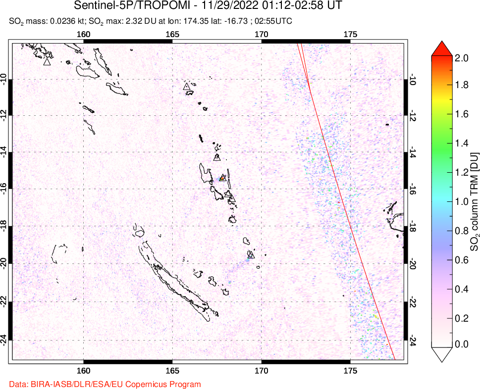 A sulfur dioxide image over Vanuatu, South Pacific on Nov 29, 2022.