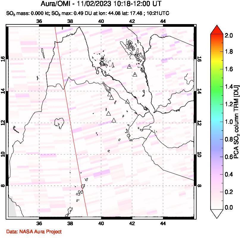 A sulfur dioxide image over Afar and southern Red Sea on Nov 02, 2023.