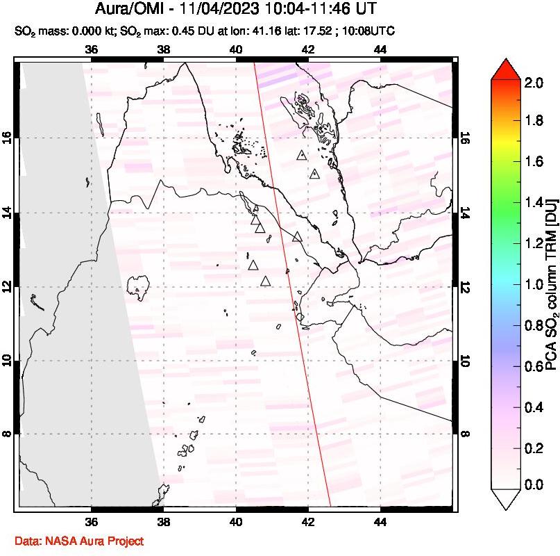 A sulfur dioxide image over Afar and southern Red Sea on Nov 04, 2023.