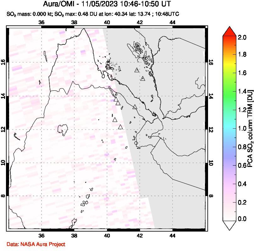 A sulfur dioxide image over Afar and southern Red Sea on Nov 05, 2023.