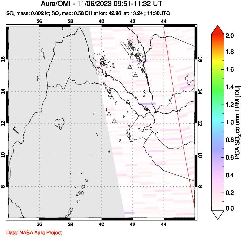 A sulfur dioxide image over Afar and southern Red Sea on Nov 06, 2023.